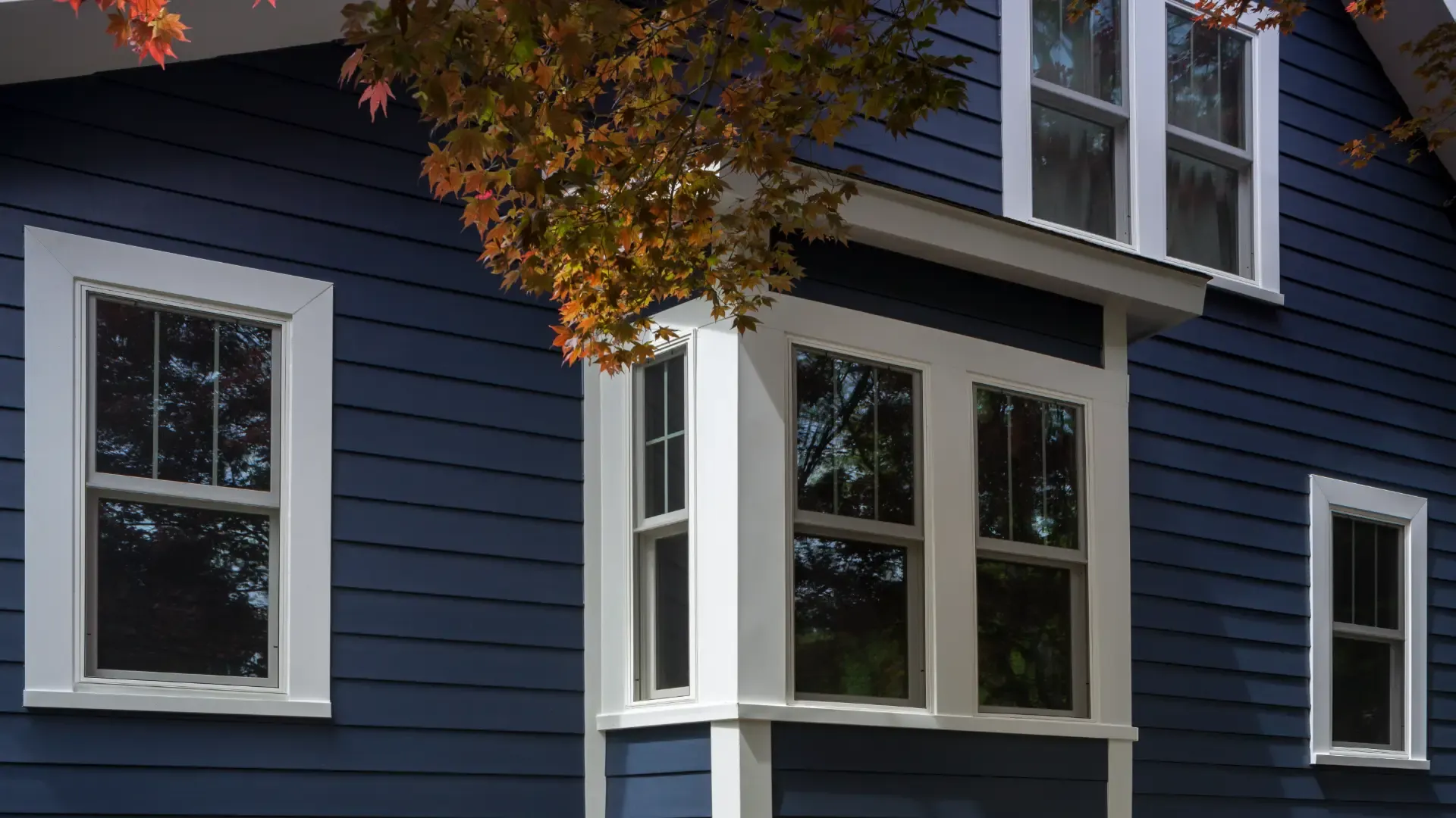 Exterior view of a multi-story home featuring deep navy blue horizontal lap siding contrast-framed by crisp white trim around double-hung windows and a central bay window structure, partially shaded by autumn maple leaves.
