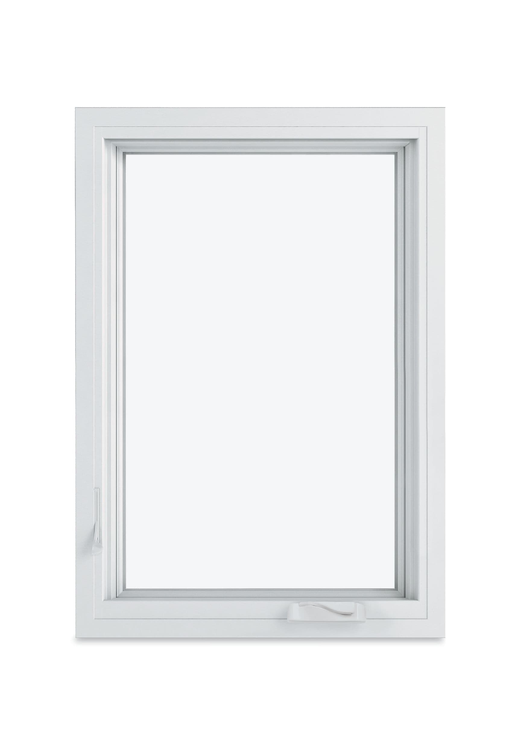 White vinyl casement window with a folding crank handle at the bottom and a locking lever on the side, isolated on a white background.