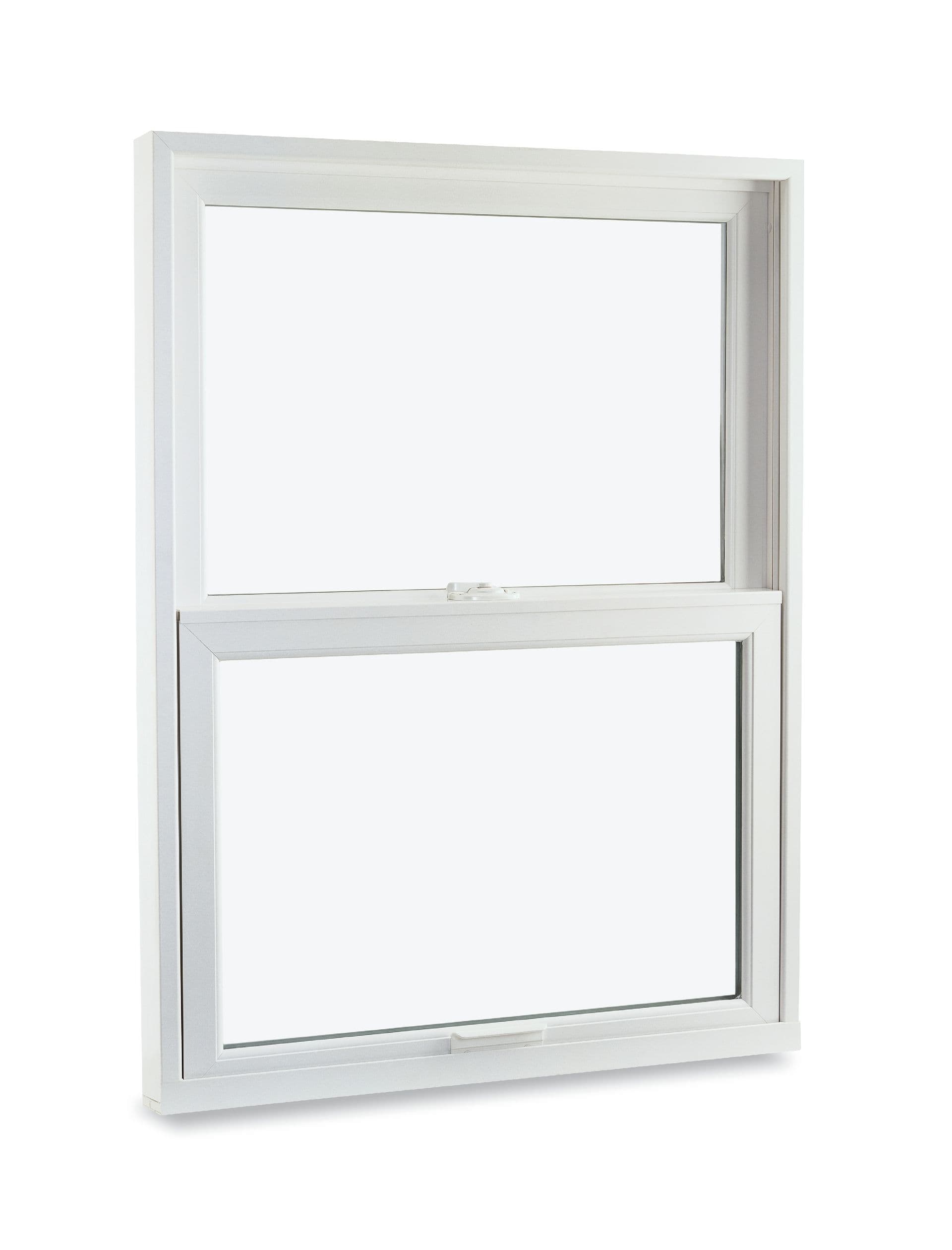 White vinyl double-hung window isolated on a white background.