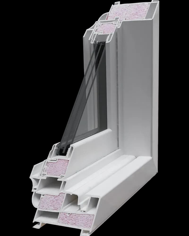 Cross-section diagram of a triple-pane vinyl window corner with foam-insulated frame chambers.