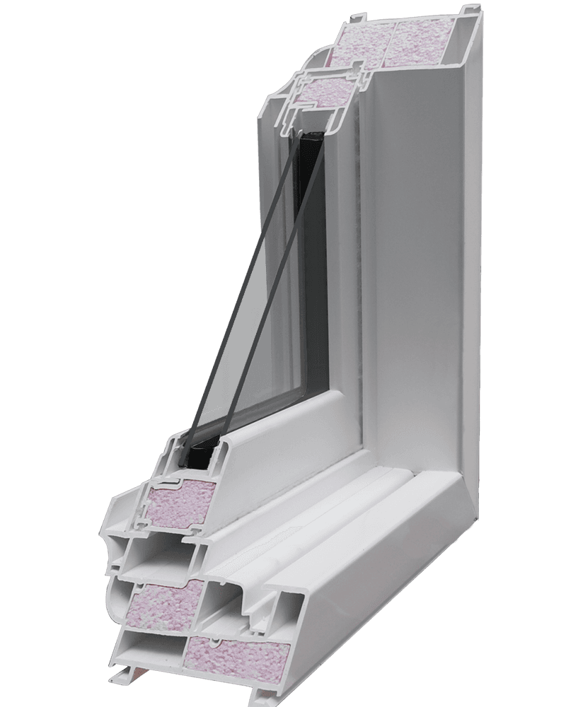 A cross-section diagram of an insulated vinyl window frame corner, showcasing internal foam filling (pink insulation) inside the multi-chambered sash and frame profiles, alongside a double-pane glass unit.