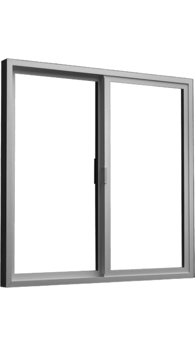 Grey-framed horizontal sliding window with two clear glass panes, isolated on a transparent background.