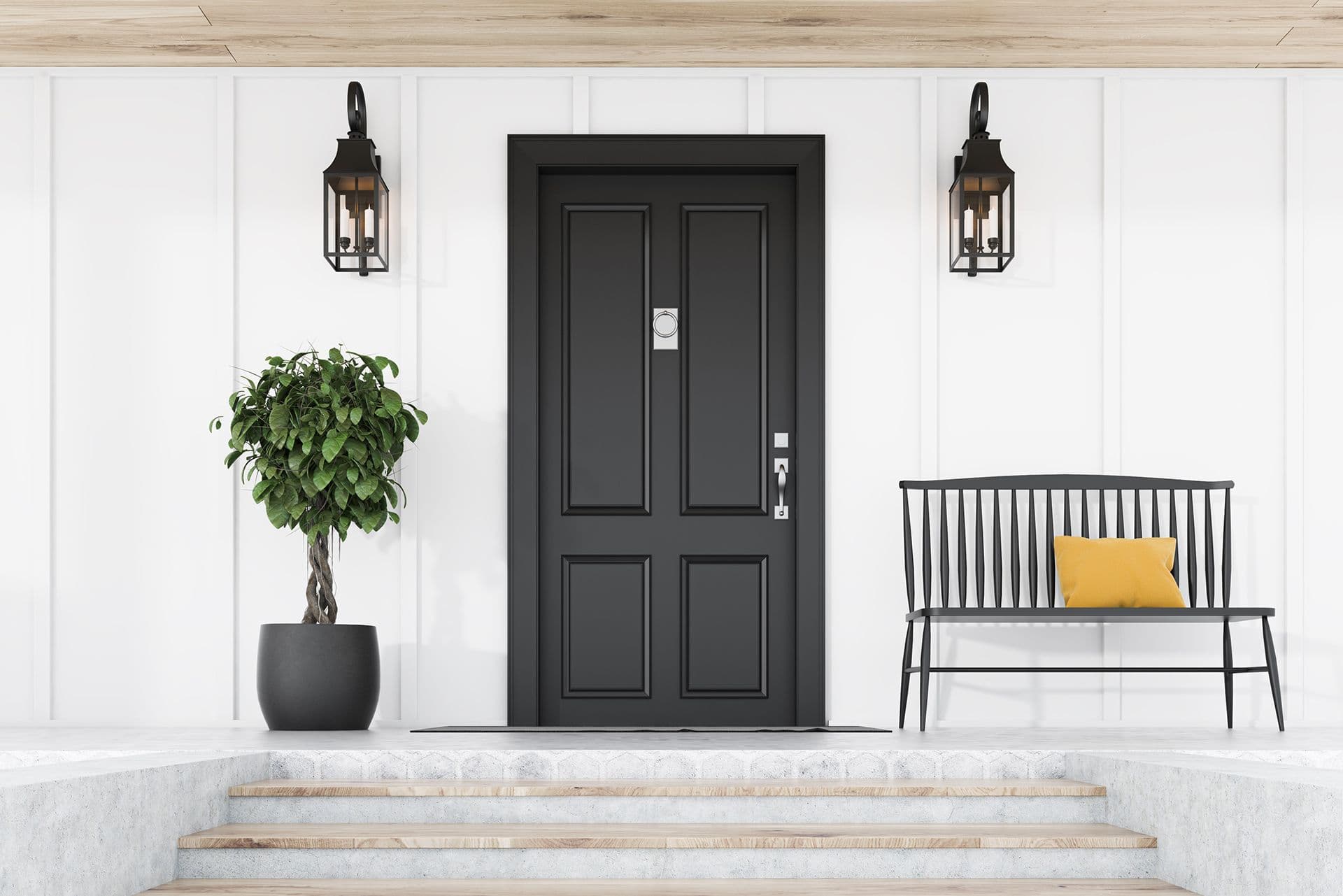 Modern black front door set against white board-and-batten siding, flanked by black wall sconces, a potted plant, and a black bench with a yellow pillow.