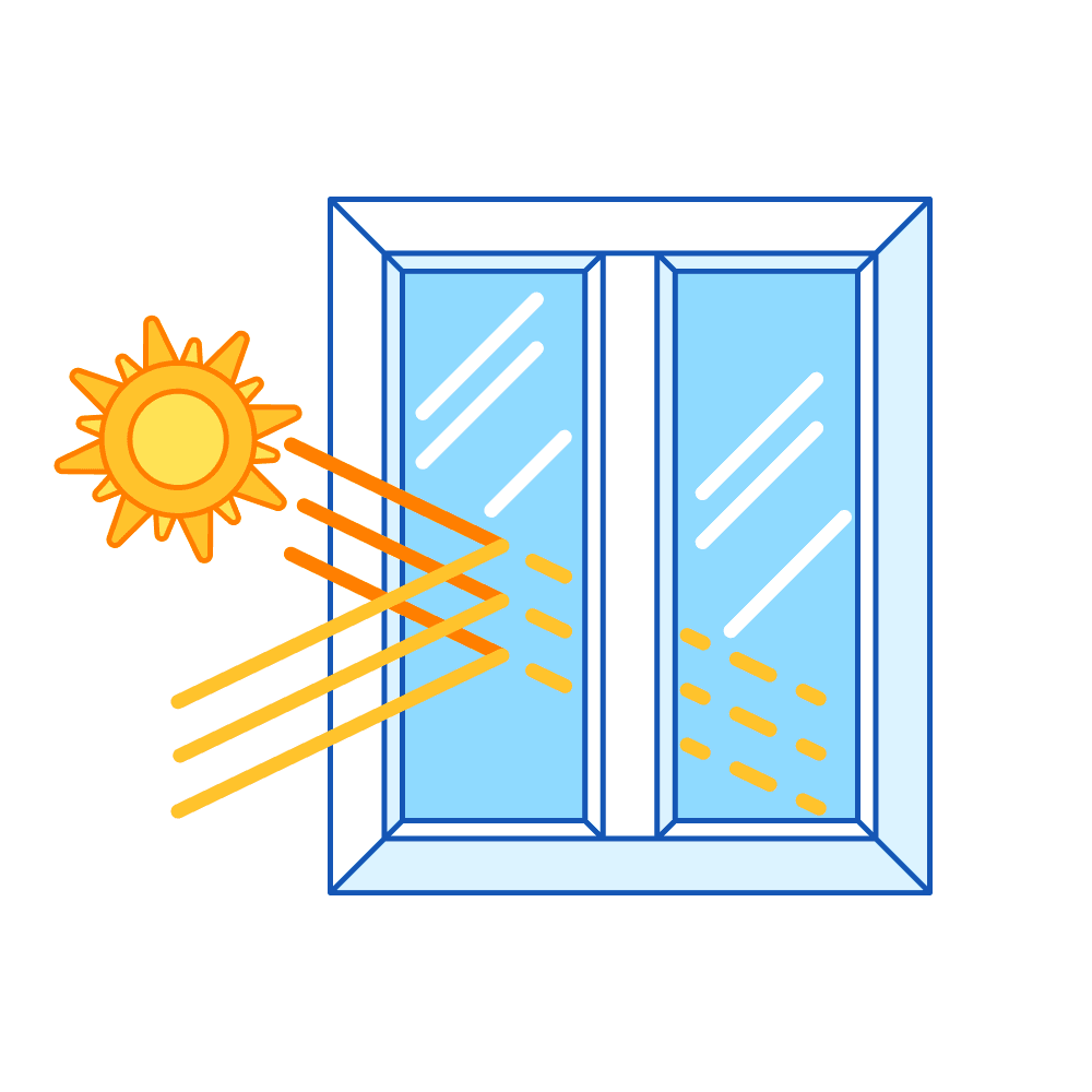 A line icon depicting a double-pane glass window blocking and reflecting solar heat/radiation from a bright sun, with only a small portion passing through. This illustrates the Solar Heat Gain Coefficient (SHGC) or Low-E glass thermal protection.
