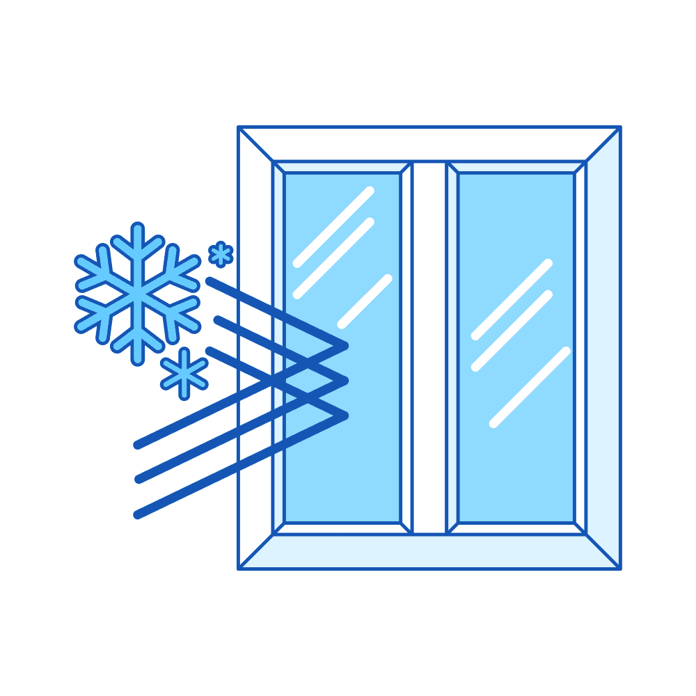 Line icon of a glass window repelling cold wind and snowflakes, symbolizing thermal insulation or energy efficiency.