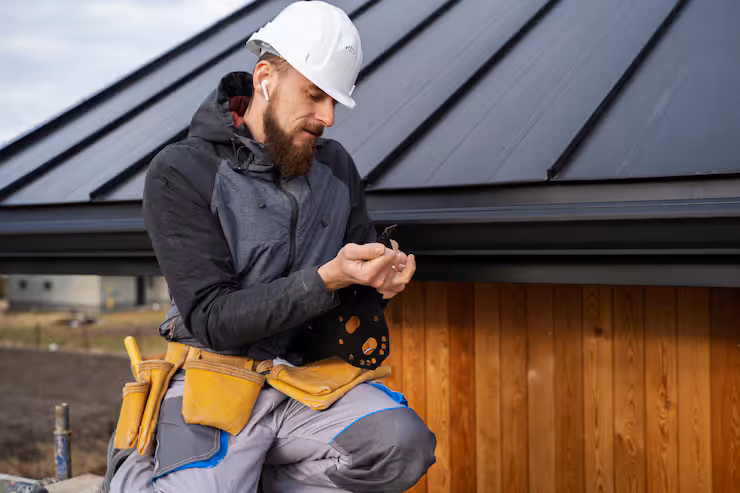 Worker in hard hat and tool belt examining solar panels on residential roof