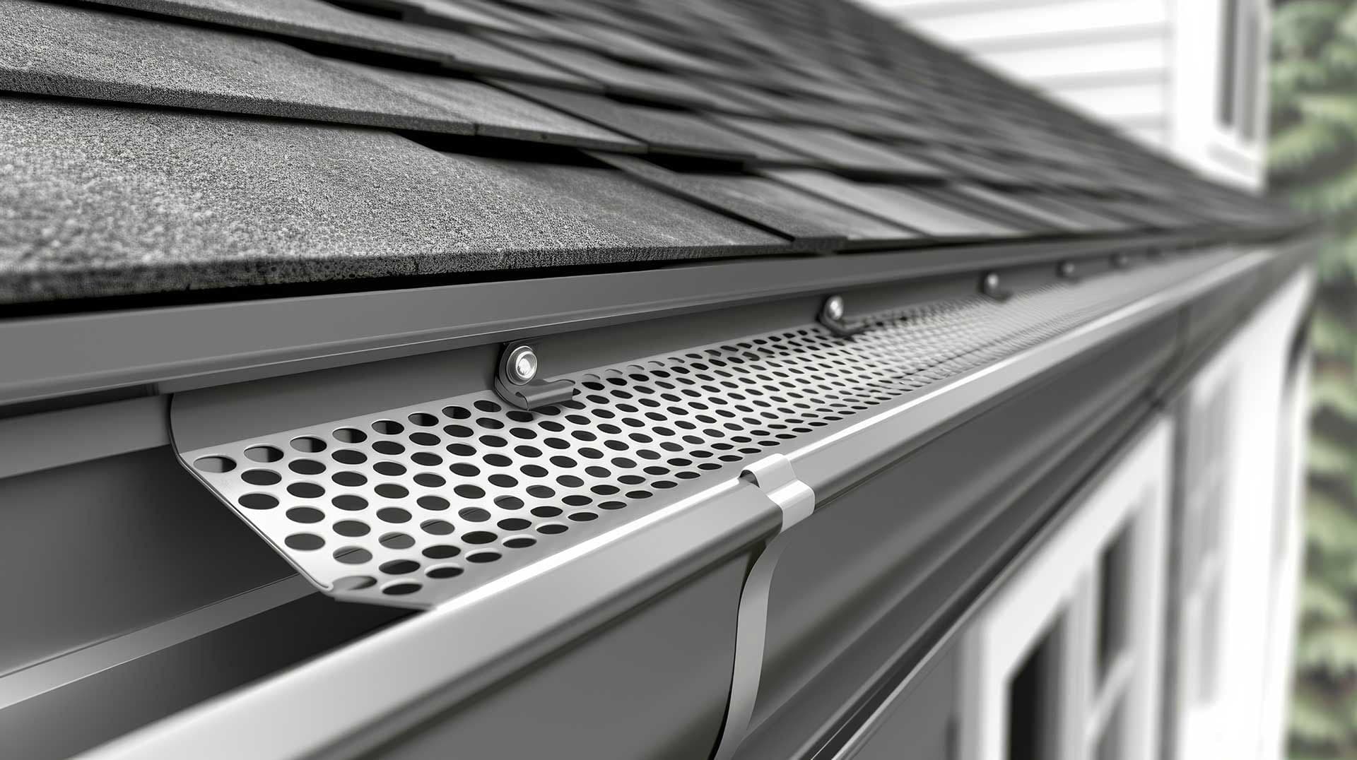 Close-up perspective shot of a dark grey gutter system fitted with a perforated metal leaf guard screen, installed beneath a grey asphalt shingle roofline on a home exterior.