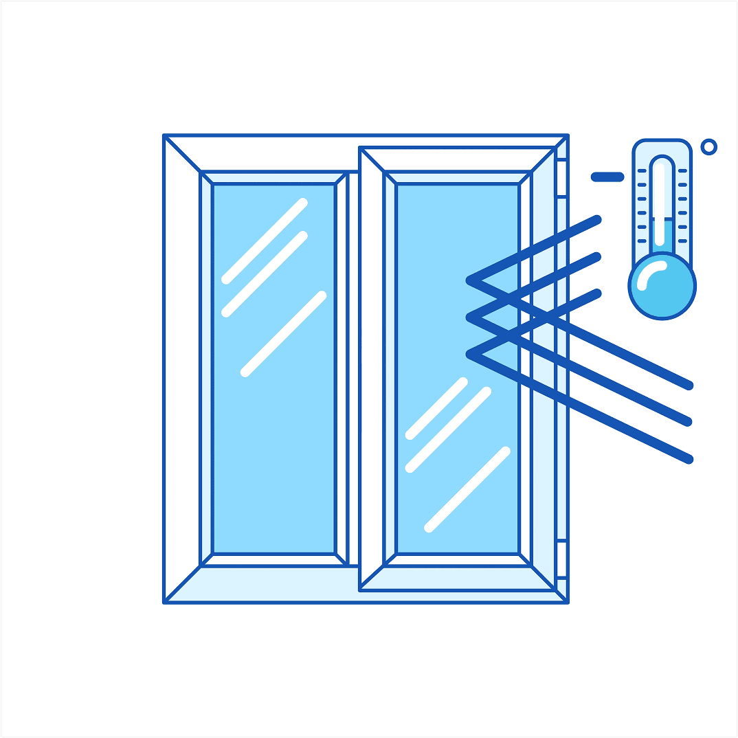 Line icon showing a double-pane glass window bouncing thermal energy waves back, accompanied by a thermometer indicating cold temperatures.