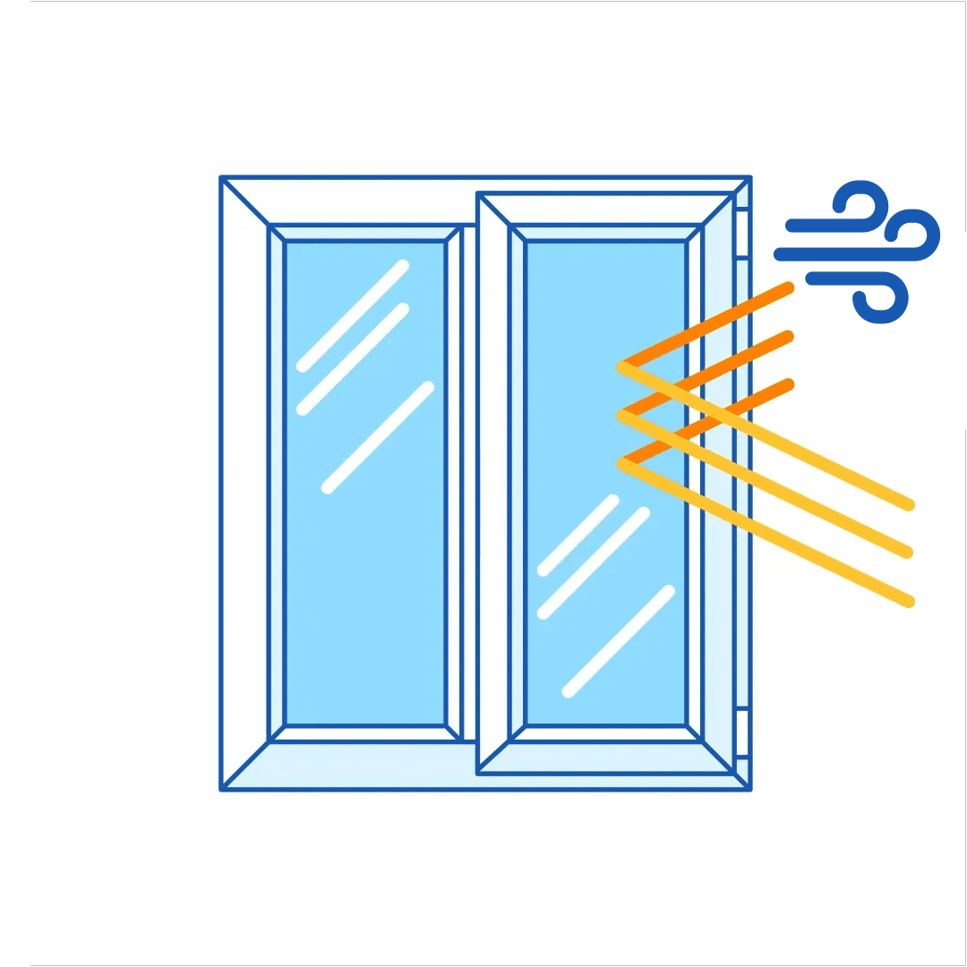 A line icon showing a window reflecting interior heat waves back inside while preventing drafty wind elements from penetrating, illustrating Design Pressure (DP) or structural/air infiltration resistance.