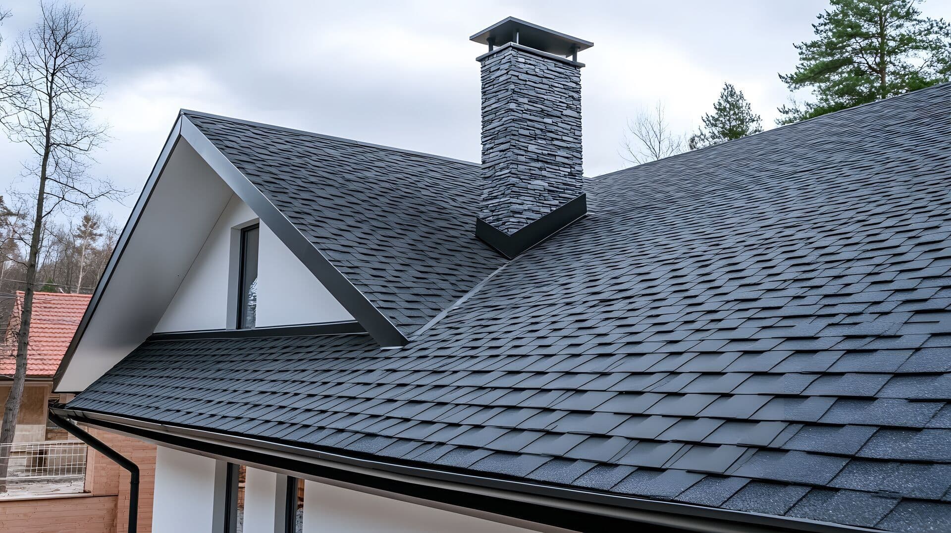 Modern home with a dark architectural shingle roof, black gutters, and a stone chimney.