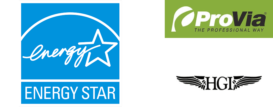 Energy Star certification logo with white star and text on blue background, ProVia professional company logo on green background, and HGL winged logo on white background