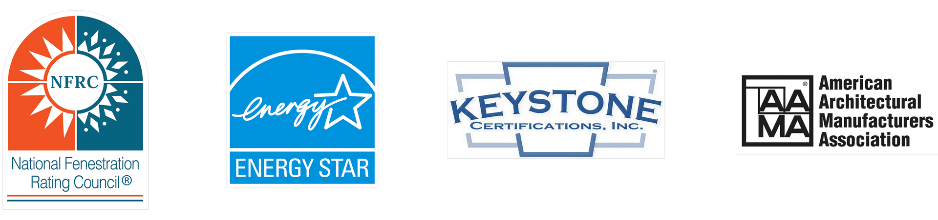 Logos for industry certification bodies and energy efficiency standards: NFRC (National Fenestration Rating Council), Energy Star Most Efficient 2025, Keystone Certifications, Inc., and AAMA (American Architectural Manufacturers Association).