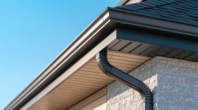 Gutters and downspout installed on house eaves with tan siding and stone chimney against blue sky